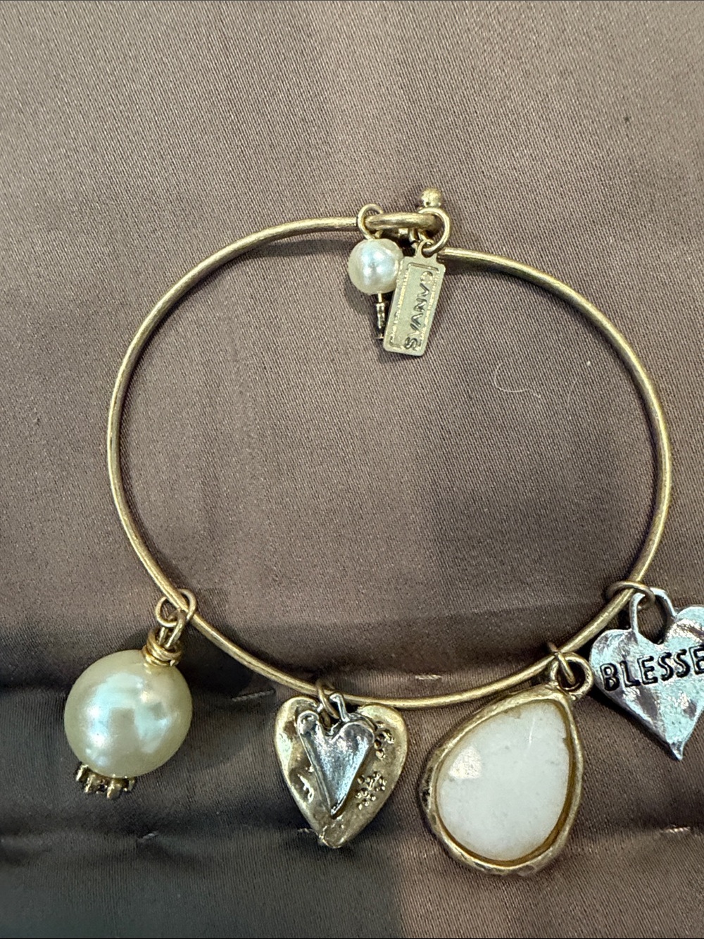 Bella Canvas Gold-Tone Charm Bangle with White Pearl and Cream Enamel Charms